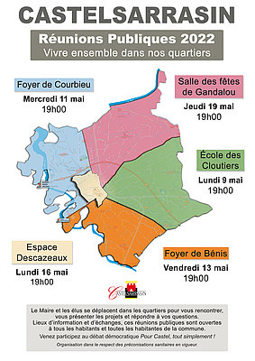 Affiche des réunions publiques du mois de mai sur Castelsarrasin